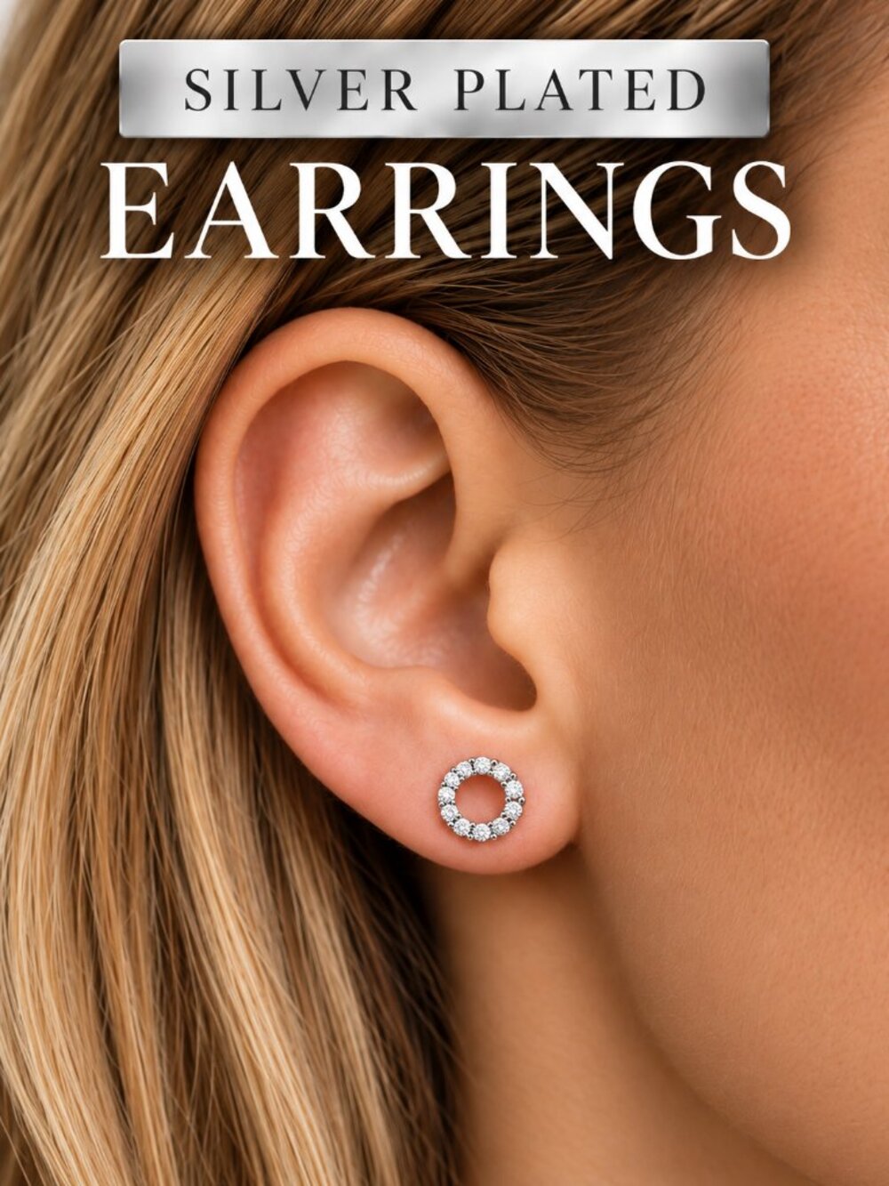 Silver Plated Open-Circle CZ Pavé Hand-Set Stud Earrings